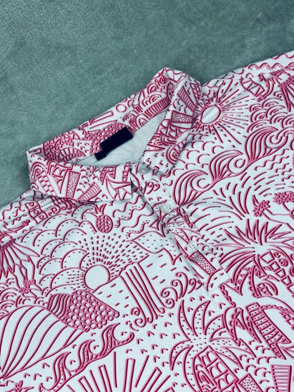 Yatta Golf Polo Shirt Mens 2XL Pink Red Printed Side Slit Hawaiian Modern Tennis